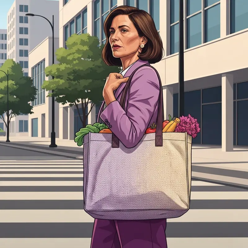 A stylish young woman carrying eco friendly bags filled with organic groceries in a modern city setting.