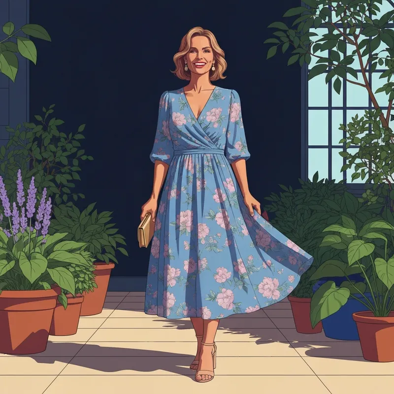 A woman wearing a stylish blue floral wedding guest dress in a garden setting