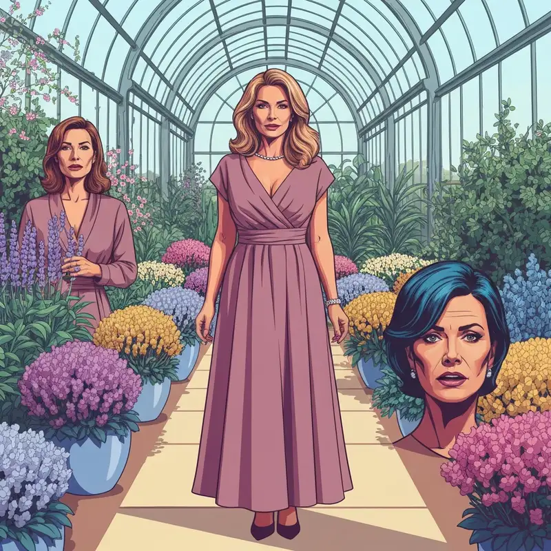 A woman wearing a sophisticated mauve wedding guest dress in a botanical garden