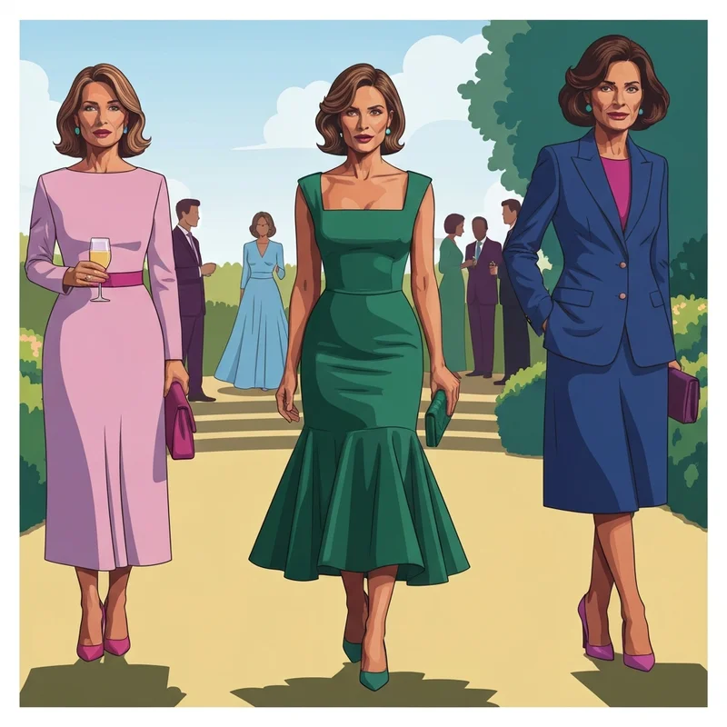 A stylish woman wearing a line dress wedding guest outfit in a garden setting.