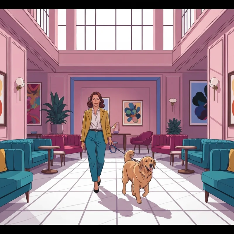 A stylish pet parent and her dog entering one of the best pet friendly hotels richmond va.