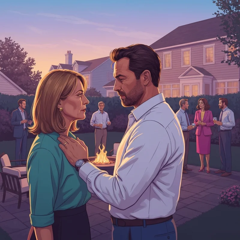 A couple sharing a secret look at a party, illustrating the wife flashing friend psychology.