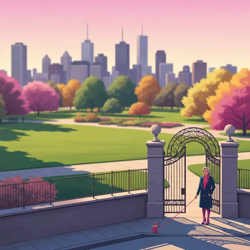 A person walking their dog toward parks that are dog friendly in a city setting.