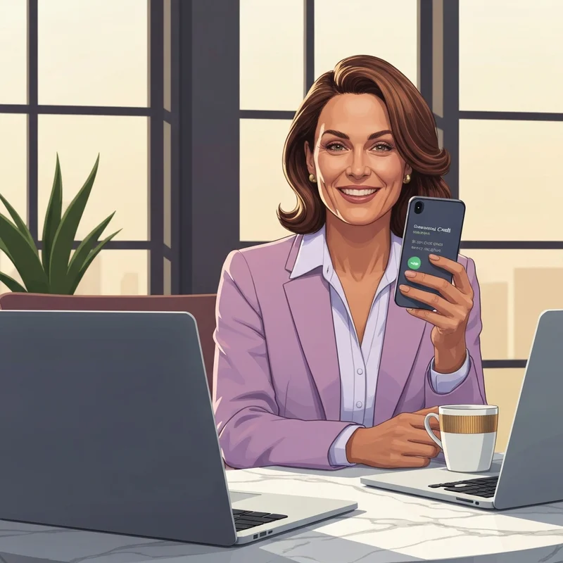 A young professional woman celebrating her att refer a friend success in a sun-drenched modern apartment.