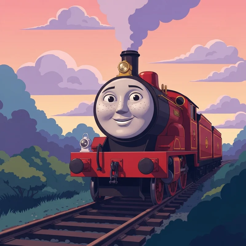 A detailed 3D render of rosie thomas and friends in her red engine livery on a Sodor-inspired track.