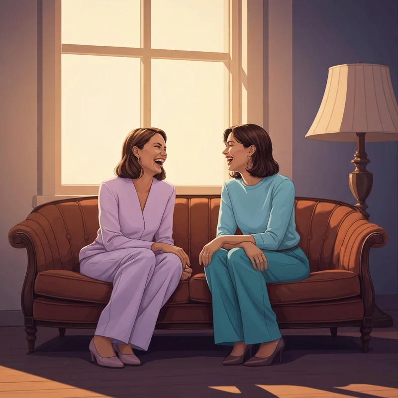 Two girls laughing on a sofa creating aesthetic best friend pictures.