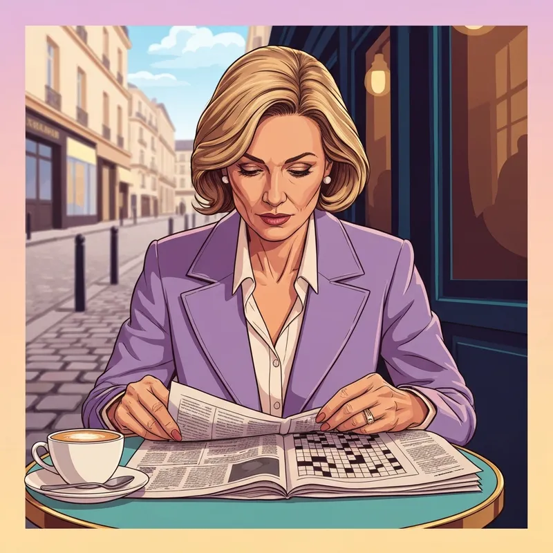 A woman solving a french friend crossword clue in a Parisian cafe.