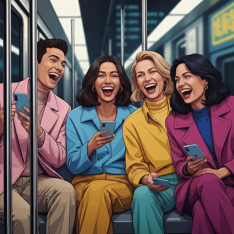 A group of friends laughing together while looking at a phone, demonstrating the vibe of funny short sayings about friends.