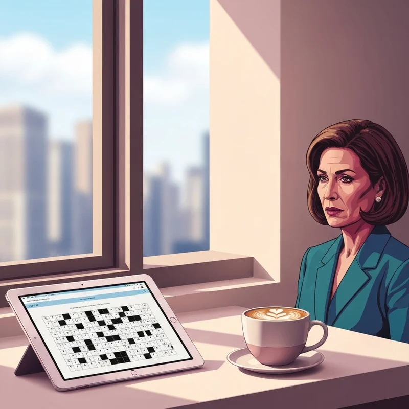 A digital tablet showing a partially completed grid with a focus on a friendly crossword clue in a cozy modern apartment.