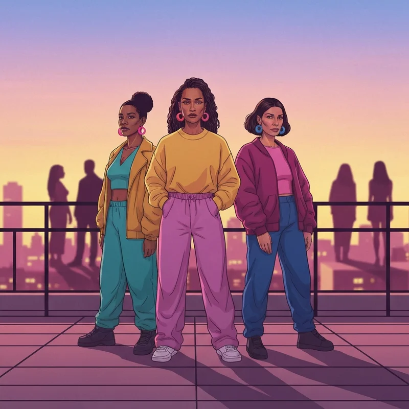 Three stylish women standing together representing the TLC What About Your Friends lyrics meaning and friendship loyalty.