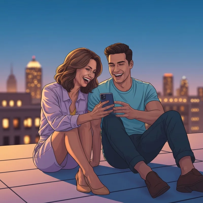 A young man and woman sharing a laugh on a rooftop, illustrating how can men just be friends with women.