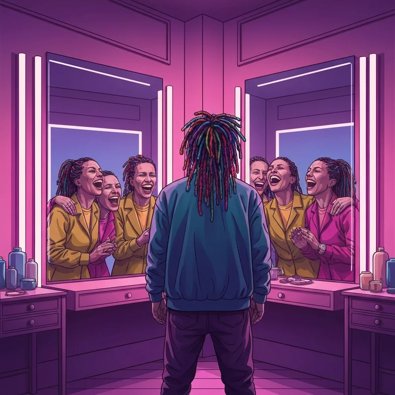 A visual representation of the young thug lyrics best friend showing a person celebrating with their own reflections in a neon-lit room.