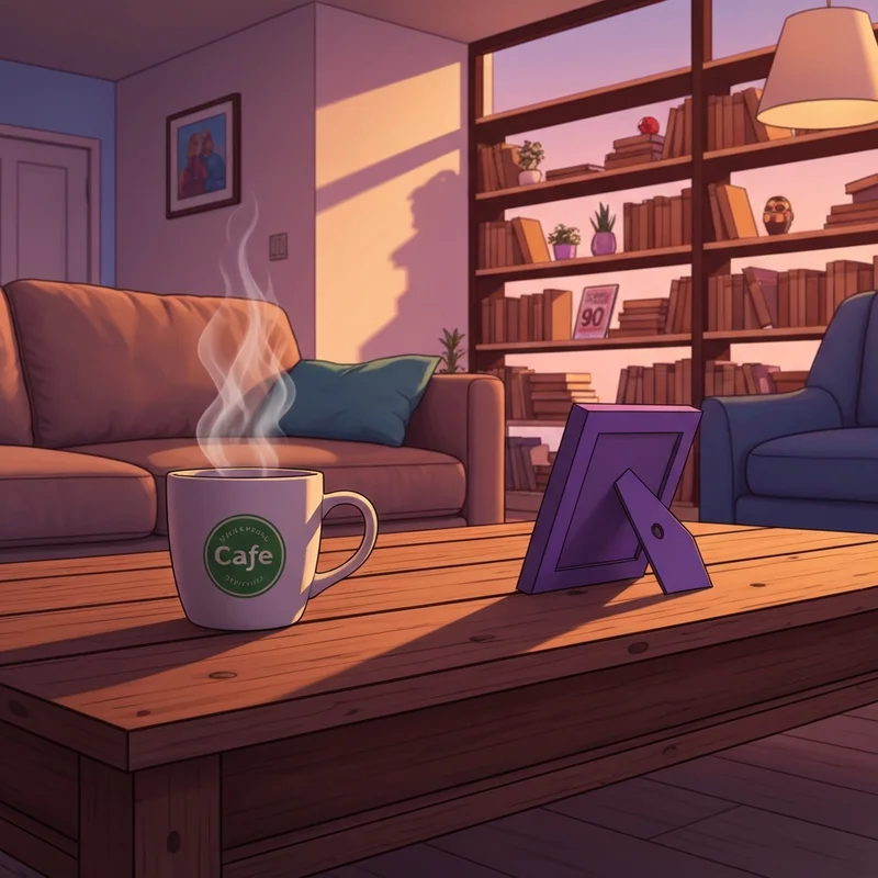 A cozy apartment setting featuring iconic friends show merchandise like a Central Perk mug and the purple door frame.