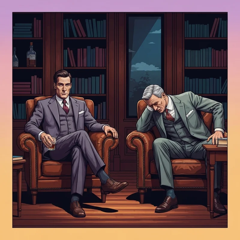 Two men in 1960s attire discussing a spy among friends book in a dark library.