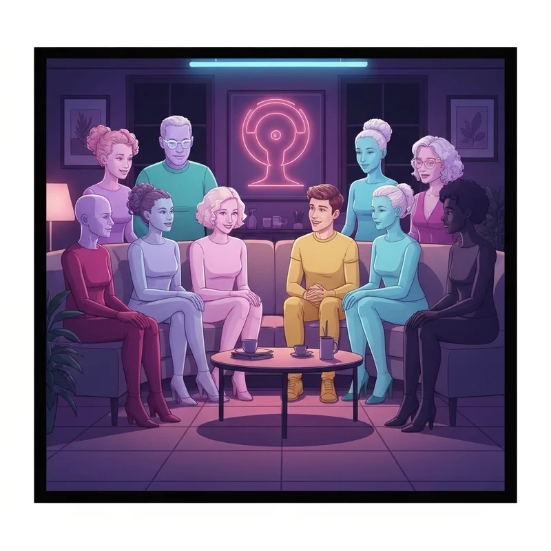 A group of digital figures representing the best ai companion squad supporting a young person in a neon room.