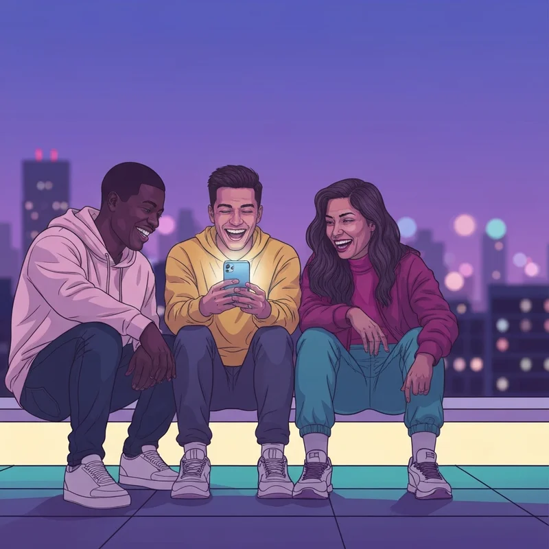 A diverse squad of friends laughing together while looking for the perfect friends group nickname on their phone.