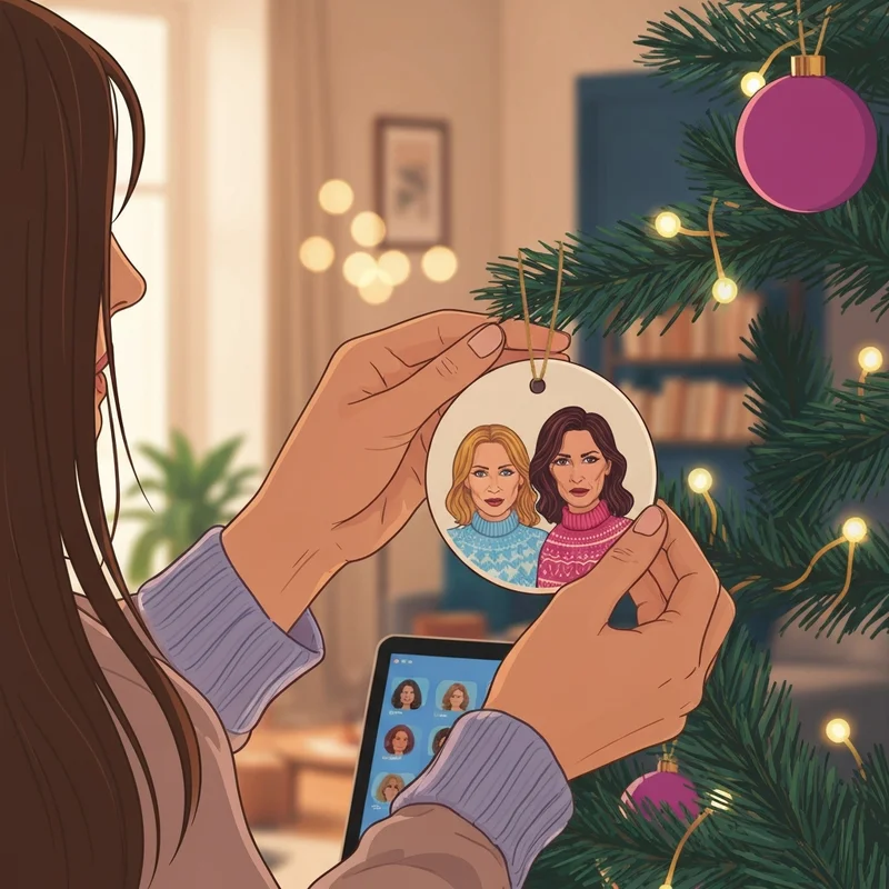 A detailed shot of friends christmas ornaments being hung on a festive tree to celebrate a chosen family bond.