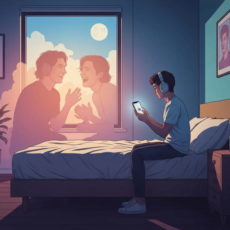 A person mourning while listening to songs about death of a friend in a modern bedroom.