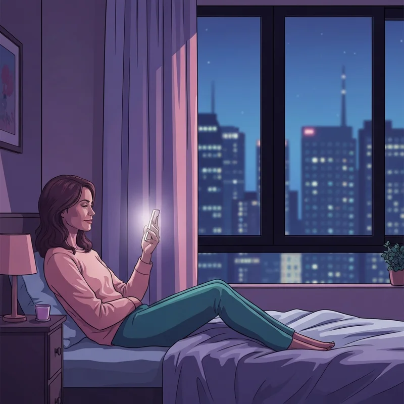 A young woman reflecting on what makes a best friend while looking at her phone at night.