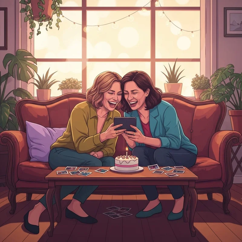 Two best friends celebrating with a happy birthday special friend message and a small cake in a cozy apartment.