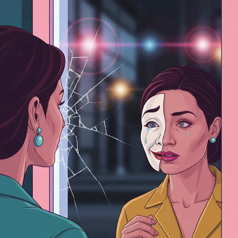 A young woman looking at a masked reflection, symbolizing the search for pics of fake friends and the process of uncovering betrayal.