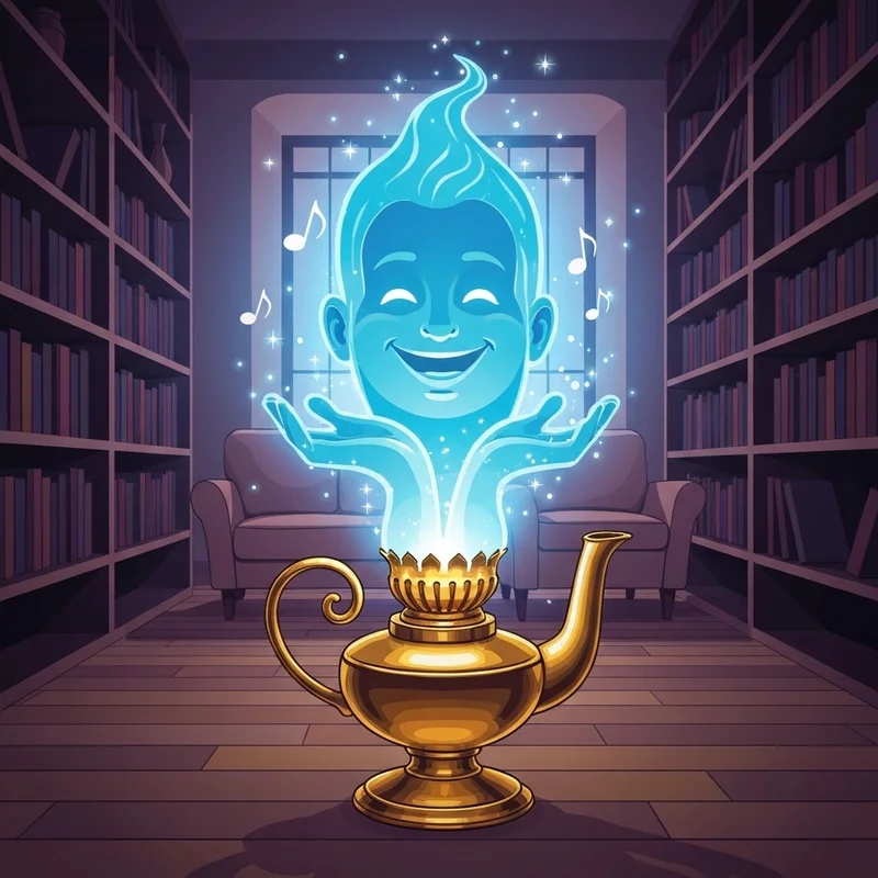A magical blue genie emerging from a lamp, representing the loyalty found in the friend like me lyrics robin williams.