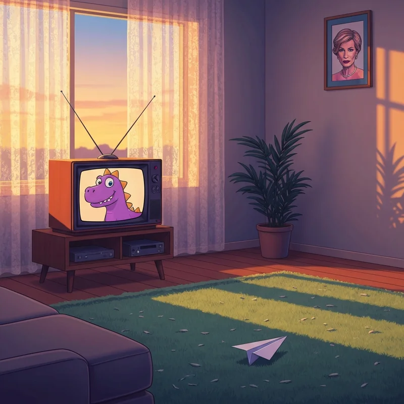 A nostalgic 90s living room scene reflecting the era of barney and friends up we go with a vintage television and paper airplane.