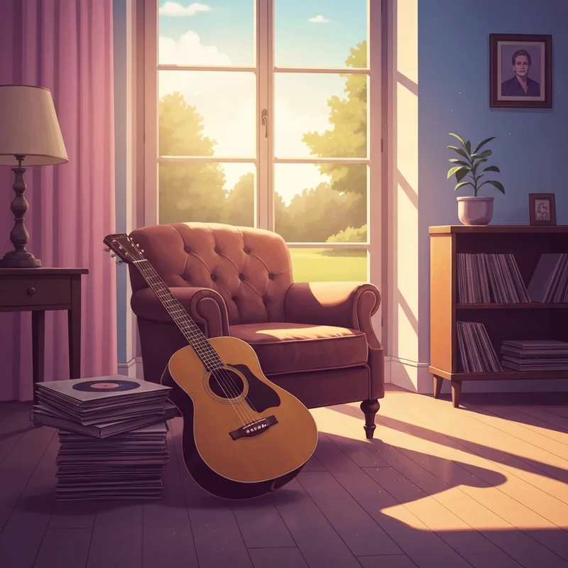 A vintage acoustic guitar in a cozy room representing the youve got a friend chords experience.