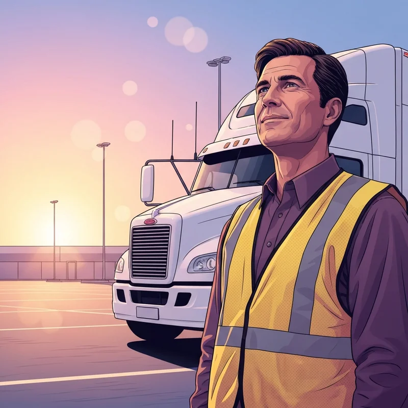 A professional driver looking for sap friendly trucking companies at a truck terminal during sunrise.