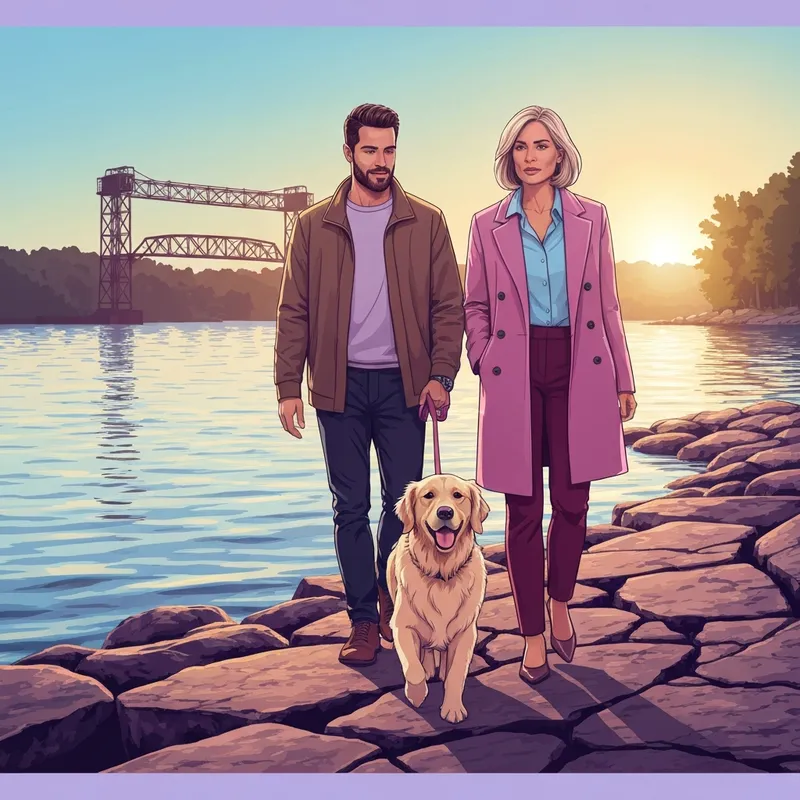 A happy dog and its owners exploring the area near dog friendly hotels duluth mn at sunset.