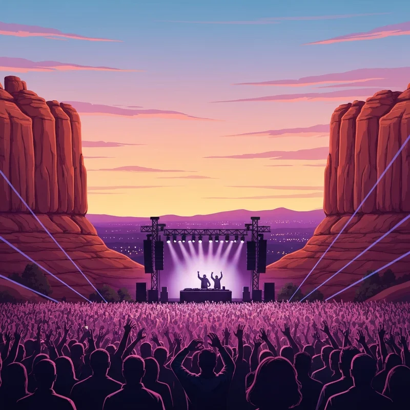 A massive crowd enjoying a two friends red rocks concert under the stars between sandstone monoliths.