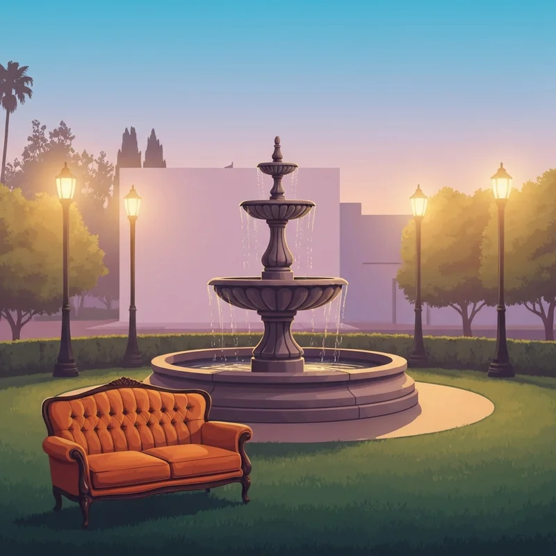 The iconic fountain in friends with the famous orange couch on the Warner Bros backlot.