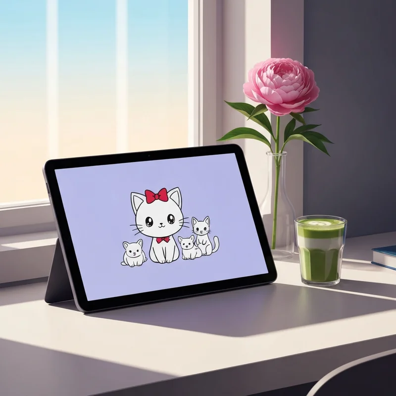 A high-resolution digital tablet displaying a hello kitty and friends coloring page on a cozy, aesthetic desk with a matcha latte.