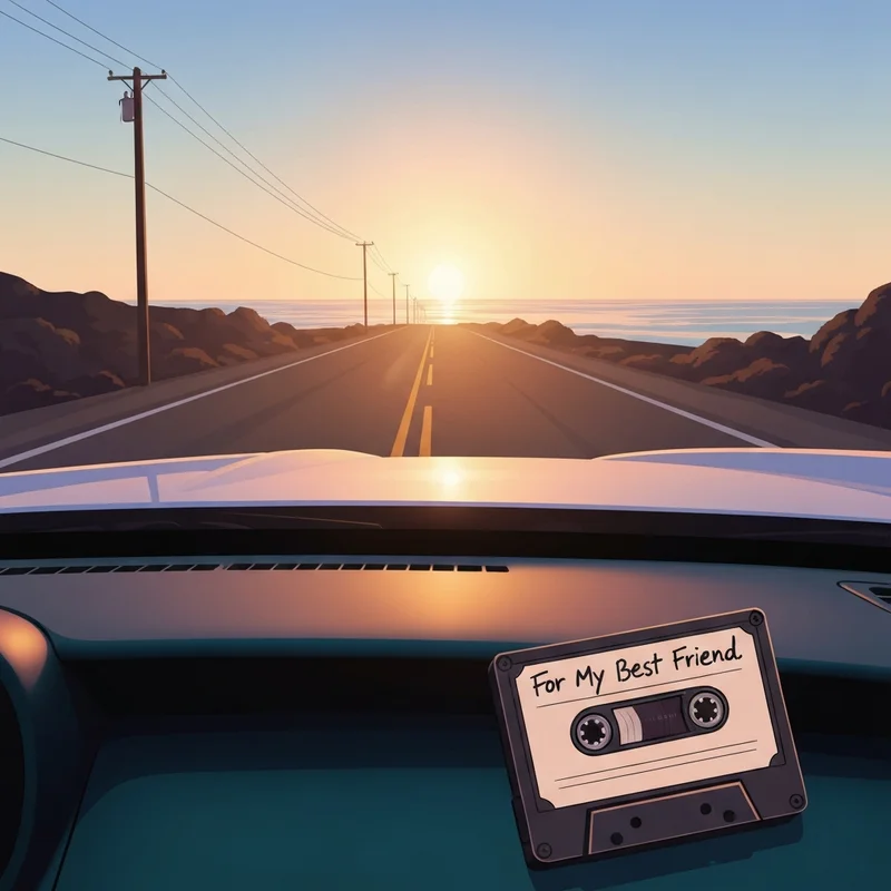 A nostalgic tribute scene with a cassette tape representing songs for departed friends.
