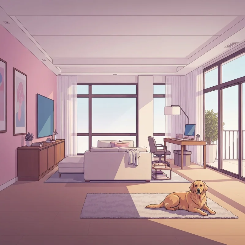 A stylish interior of one of the 2 bedroom pet friendly apartments featuring a dog and a home office.