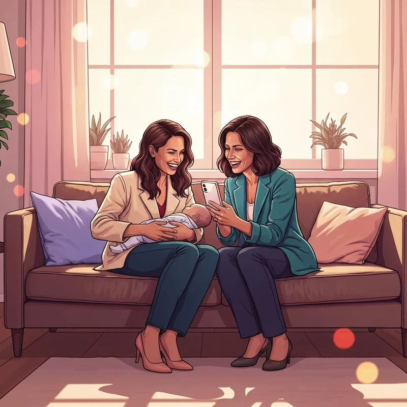 Two friends sharing happy mother day quotes for friends on a smartphone while relaxing at home.