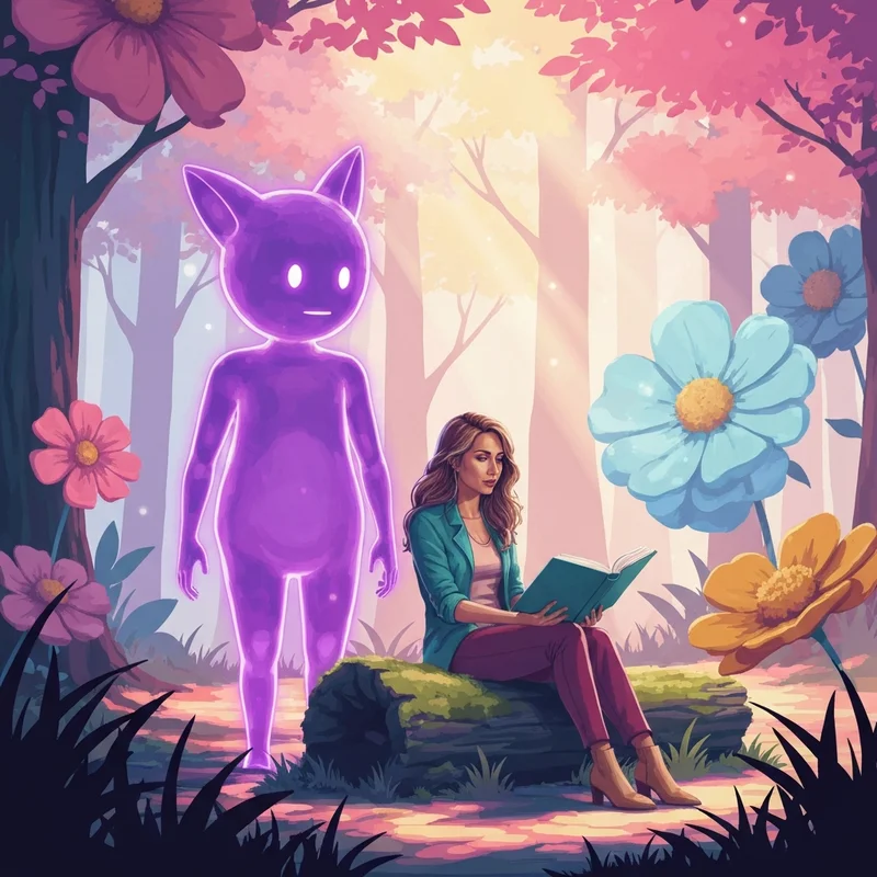 A young woman interacting with her sims 4 imaginary friend in the magical world of Imagination Land.