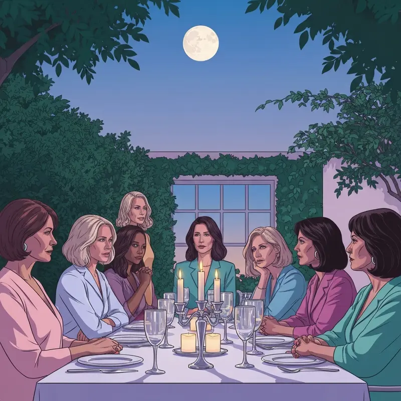 A group of friends embodying the silver-dreams janie and friends archetype in a soulful twilight gathering.