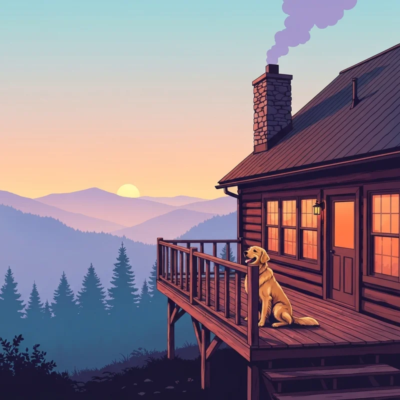 A happy golden retriever on the porch of pet friendly cabins in Pigeon Forge TN at sunset.