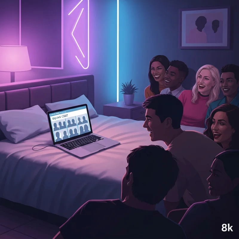 A group of friends laughing around a laptop, exploring safe alternatives to omegle friends porn via AI simulation.