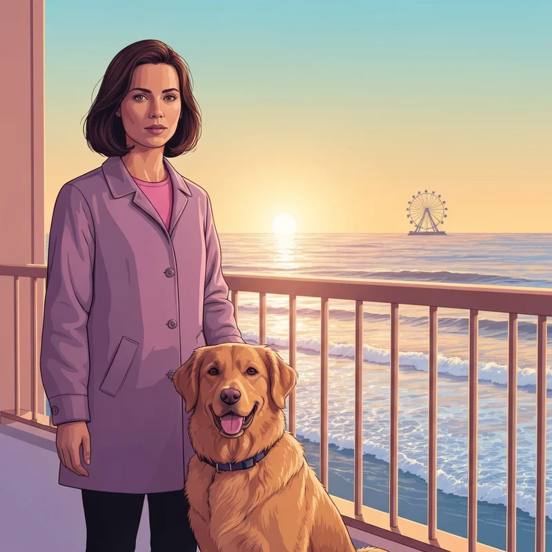 A woman and her dog enjoying the view from one of the pet friendly hotels myrtle beach sc during sunrise.