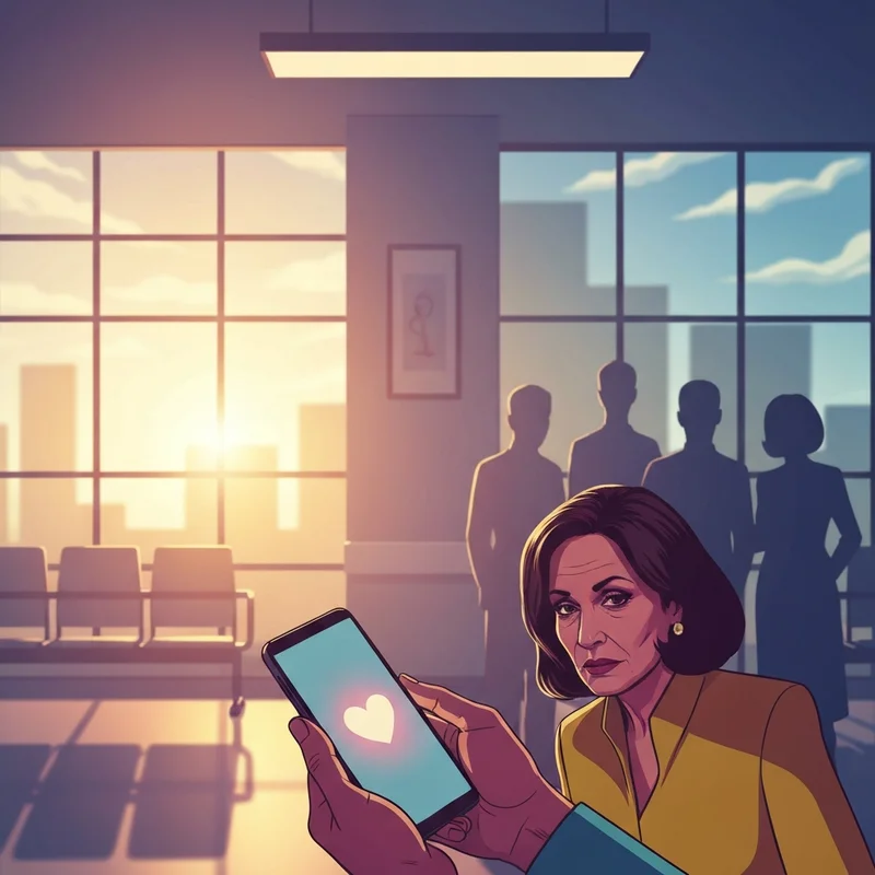 A person holding a smartphone and offering a prayer for surgery for a friend in a hospital waiting room.