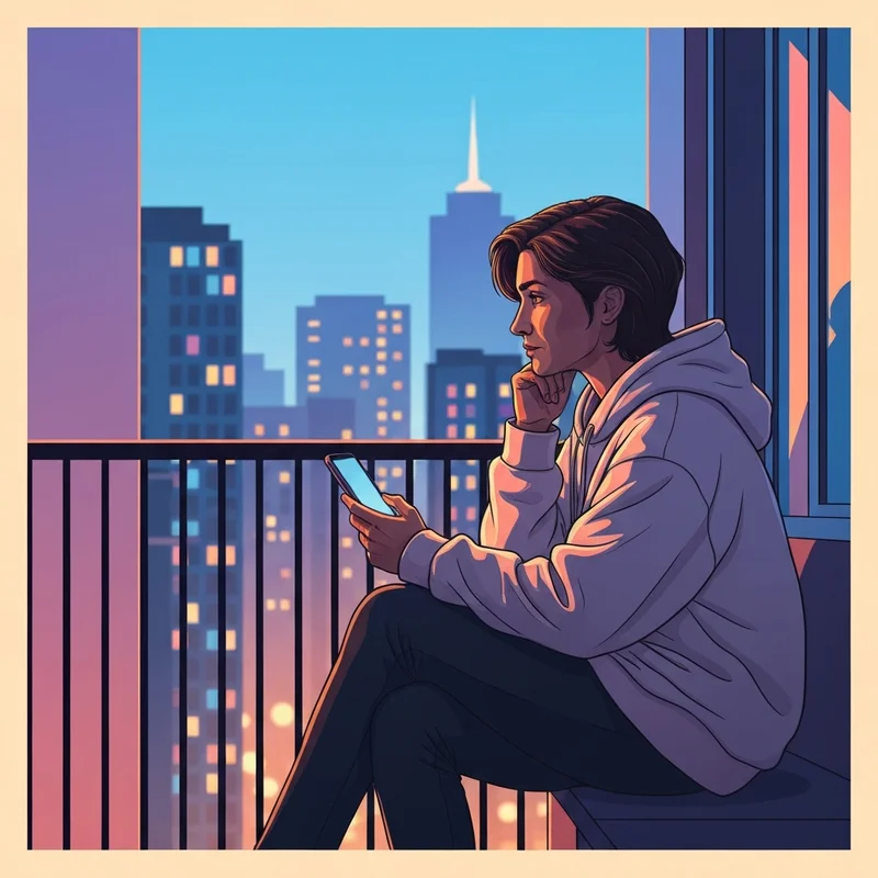 A young person reflecting on the floater friend meaning while looking at a city skyline.