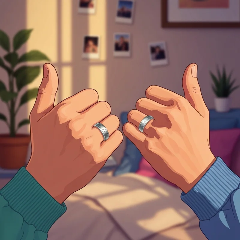 Two best friends performing a pinky swear while wearing their matching best friend rings in a cozy room.