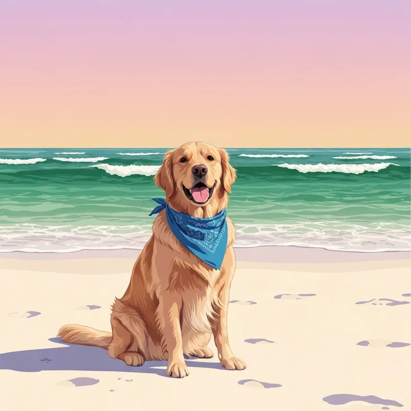 A happy dog sitting on panama city beach dog friendly beaches during a sunset.