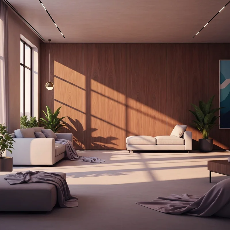 A modern living room featuring sustainable and eco friendly wood veneer wall panels for a non-toxic home sanctuary.