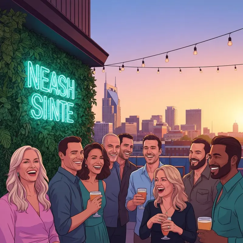 A group of friends enjoying the rooftop at a venue frequently mentioned in friends in low places bar reviews in Nashville.