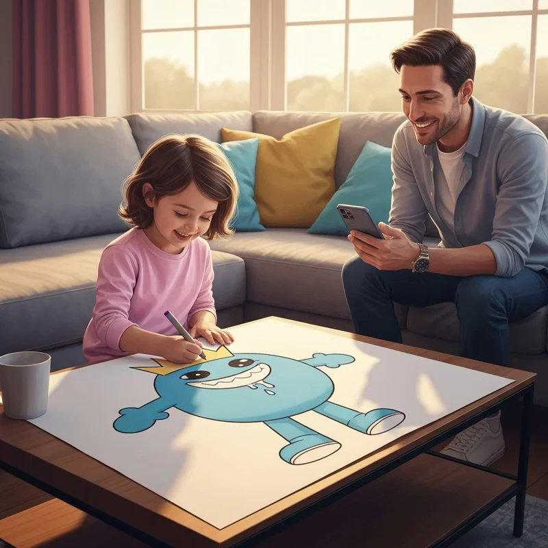 A child and parent bonding over a rainbow friends coloring page in a cozy sunlit living room.