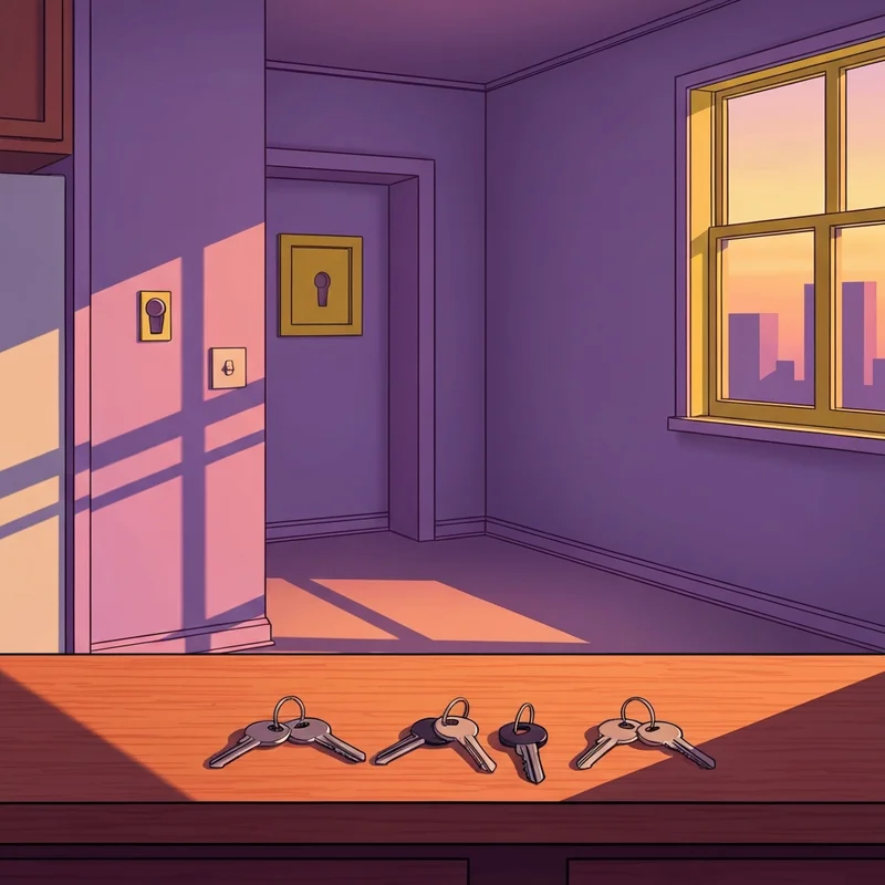 A nostalgic view of the empty apartment from season 10 of friends with keys left on the counter.