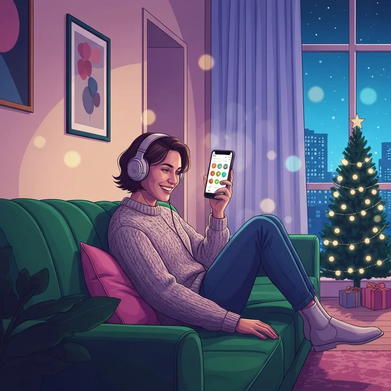 A Gen Z bestie sending happy christmas wishes for friends in a cozy, aesthetic room with a holiday vibe.